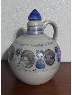 Mid Century Water Jug Pottery Grey And Blue